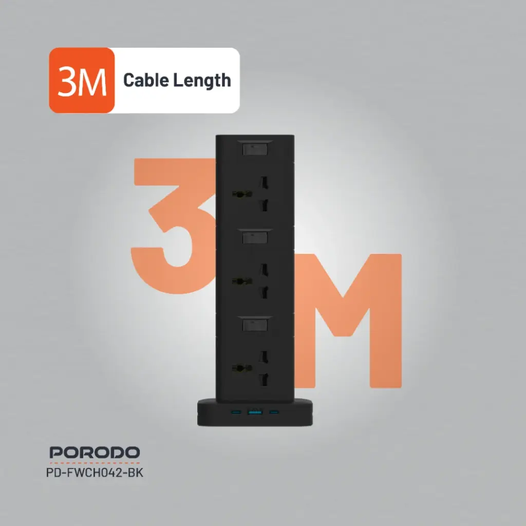 Black power strip with 3M branding on a gray background