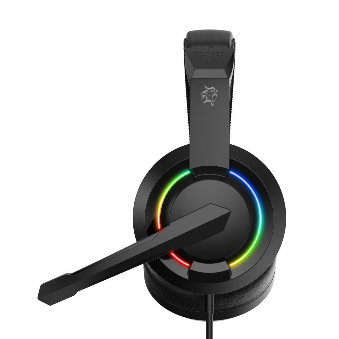 Black gaming headset with RGB lighting on a white background