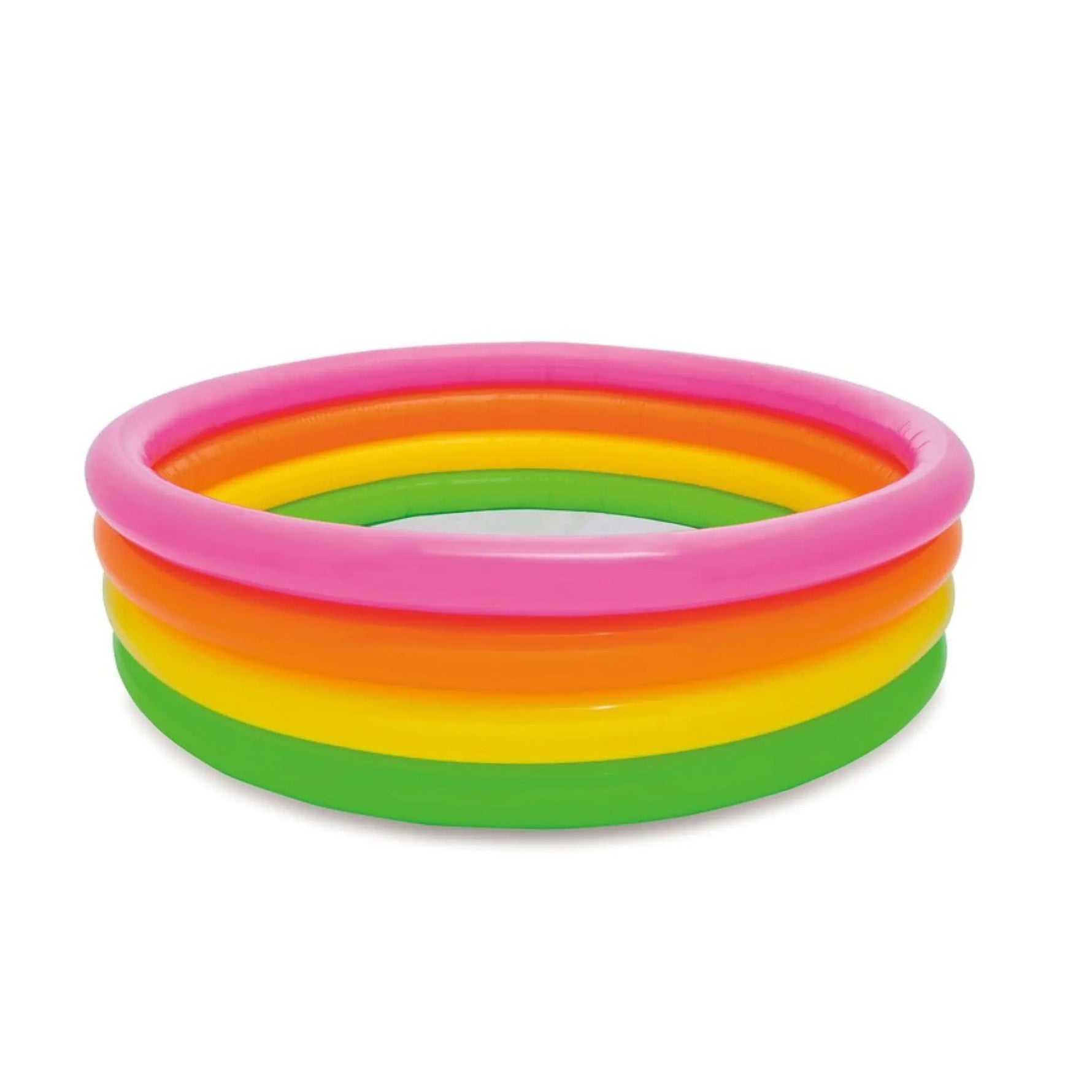 Stack of colorful inflatable rings on a white background