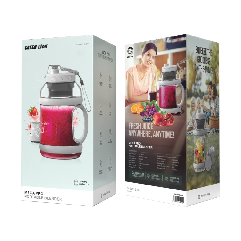 Two packaging boxes for a portable blender with images and text on a white background.