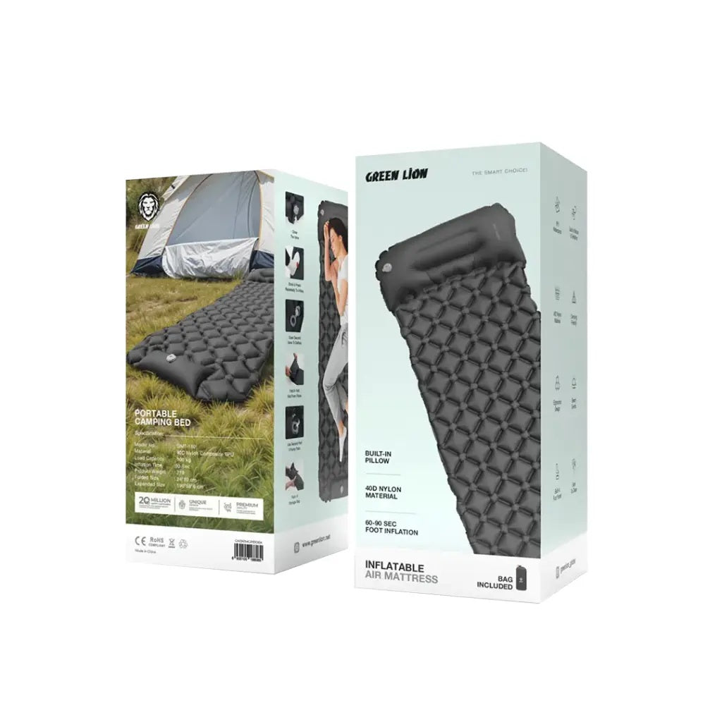 Compact folded Green Lion mattress in portable storage bag	مرتبة جرين ليون مطوية بشكل مدمج في حقيبة التخزين المحمولة
