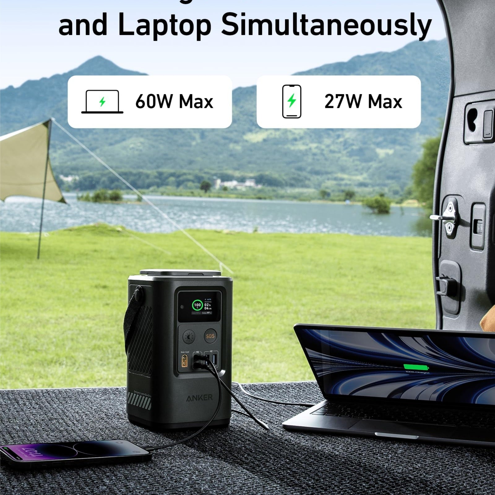 High-capacity Anker power bank charging phone and laptop