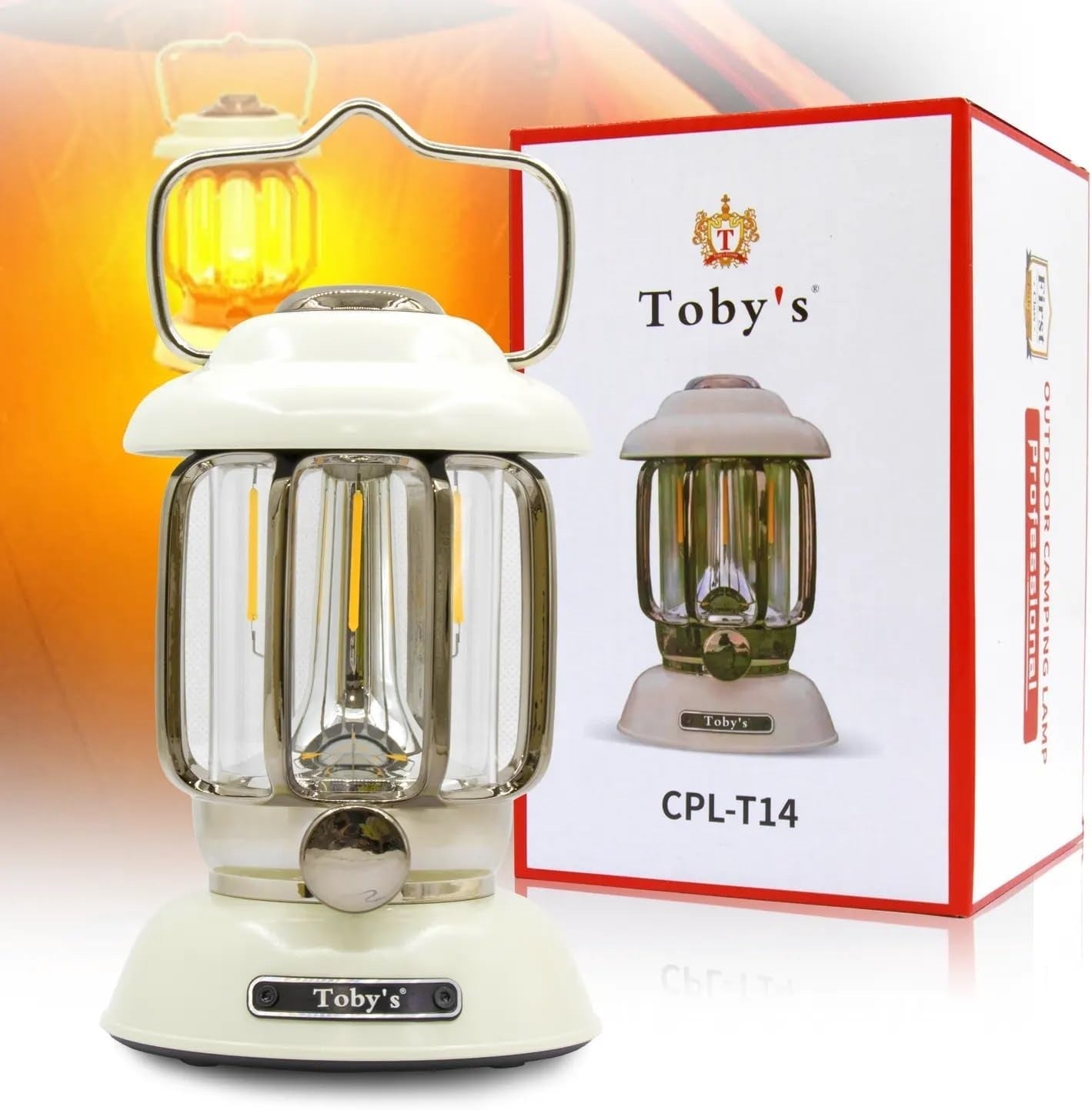 Toby’s CPL-T14 white LED lantern with vintage warm filaments.	فانوس توبيز CPL-T14 الأبيض مع خيوط إضاءة دافئة كلاسيكية.
