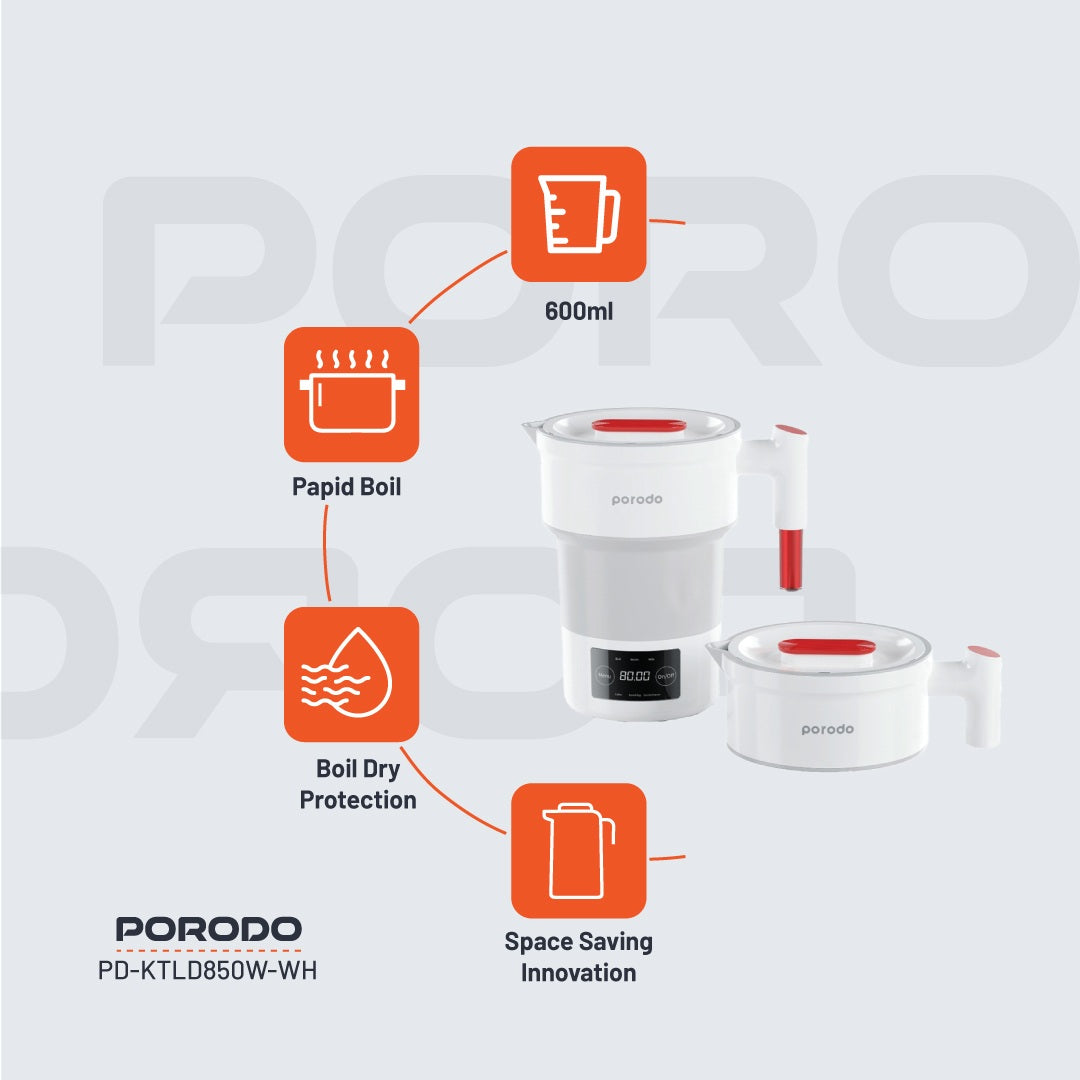 Traveler placing folded Porodo kettle into backpack
