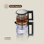 Glass tea kettle with black handle and LED base on a beige background, featuring LePresso branding.