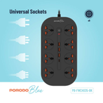Black power strip with multiple sockets on a blue background, featuring the Porodo Blue brand.