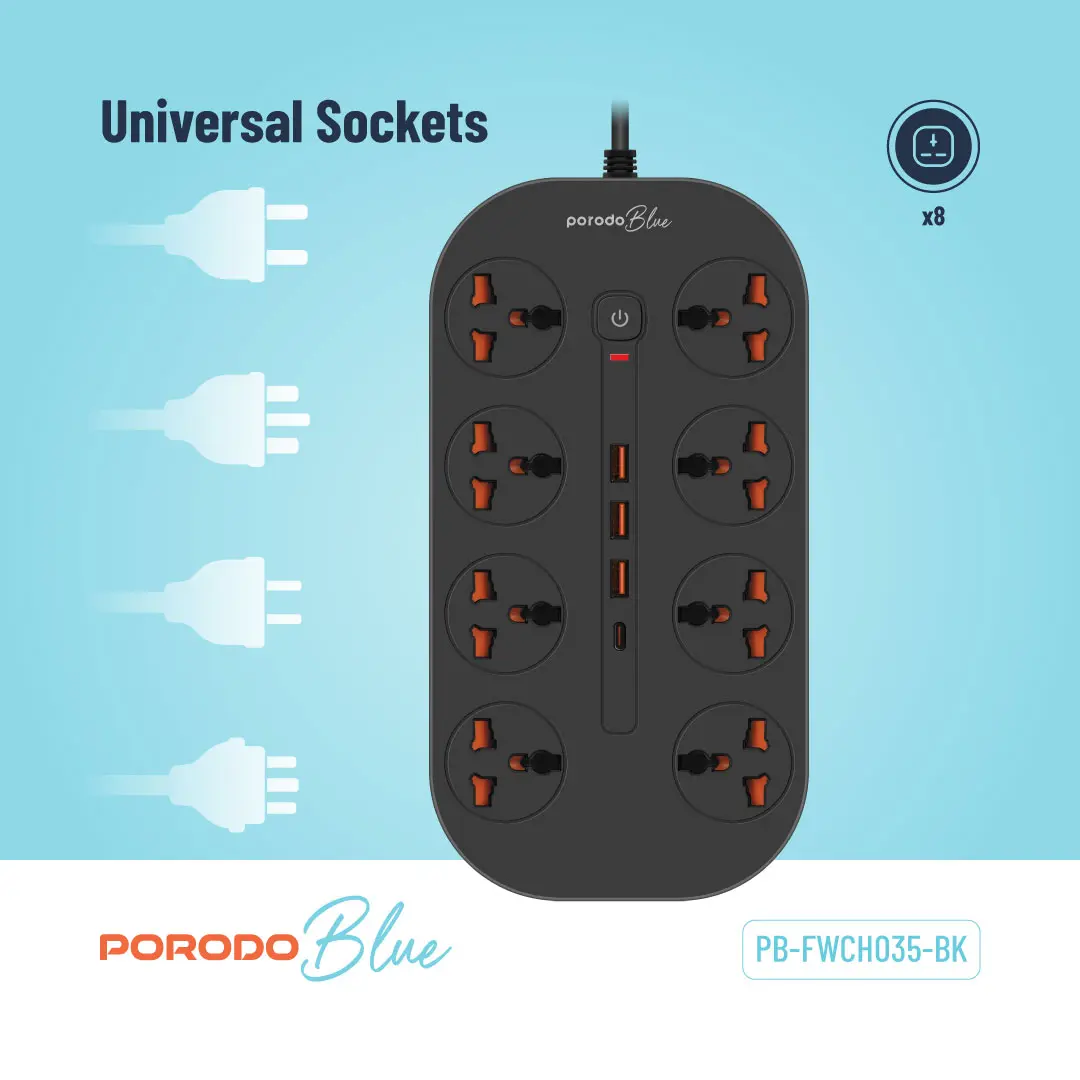 Black power strip with multiple sockets on a blue background, featuring the Porodo Blue brand.
