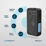 Black power bank with features highlighted on a gray background