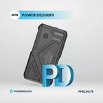 Black power bank with 'Powerology' branding on a light gray background