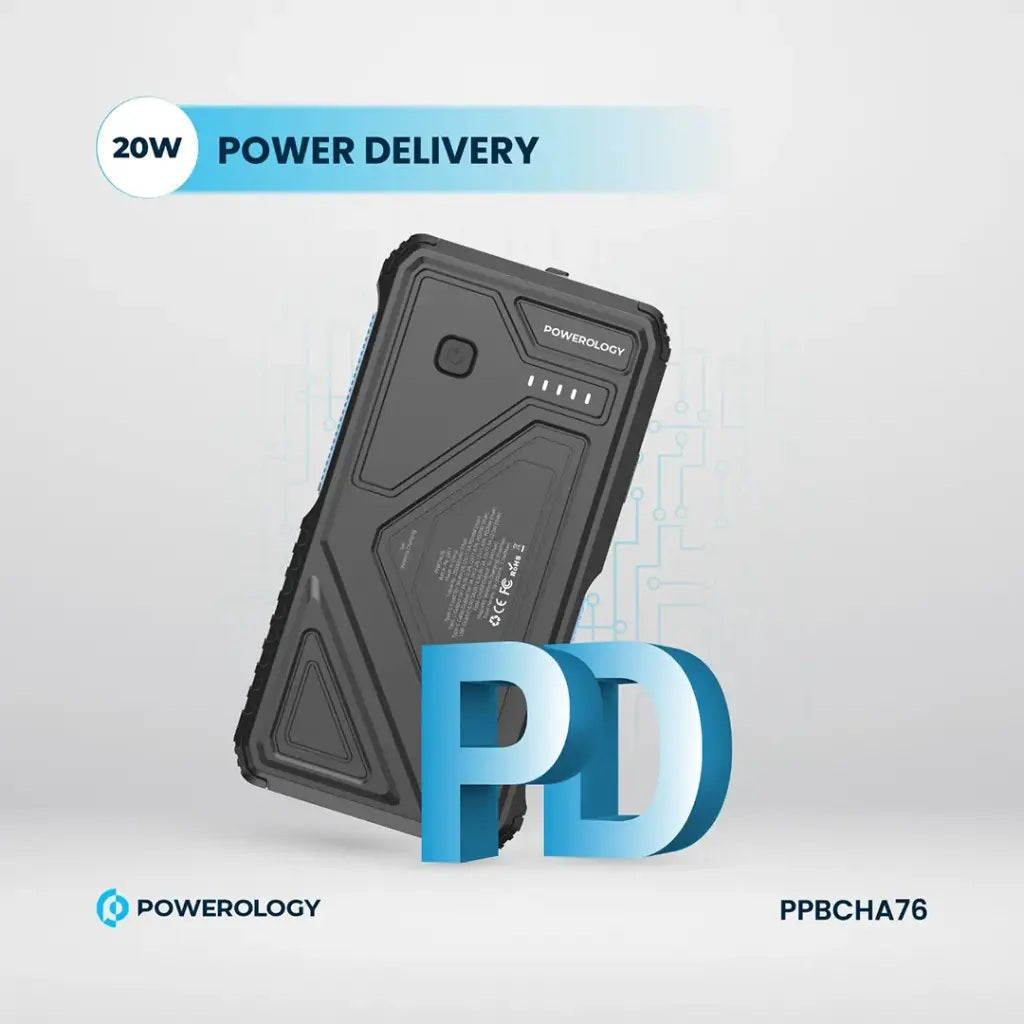 Black power bank with 'Powerology' branding on a light gray background