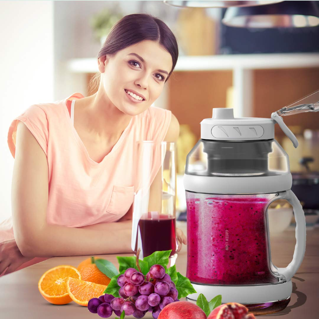 Woman with a blender and fruits in a kitchen setting