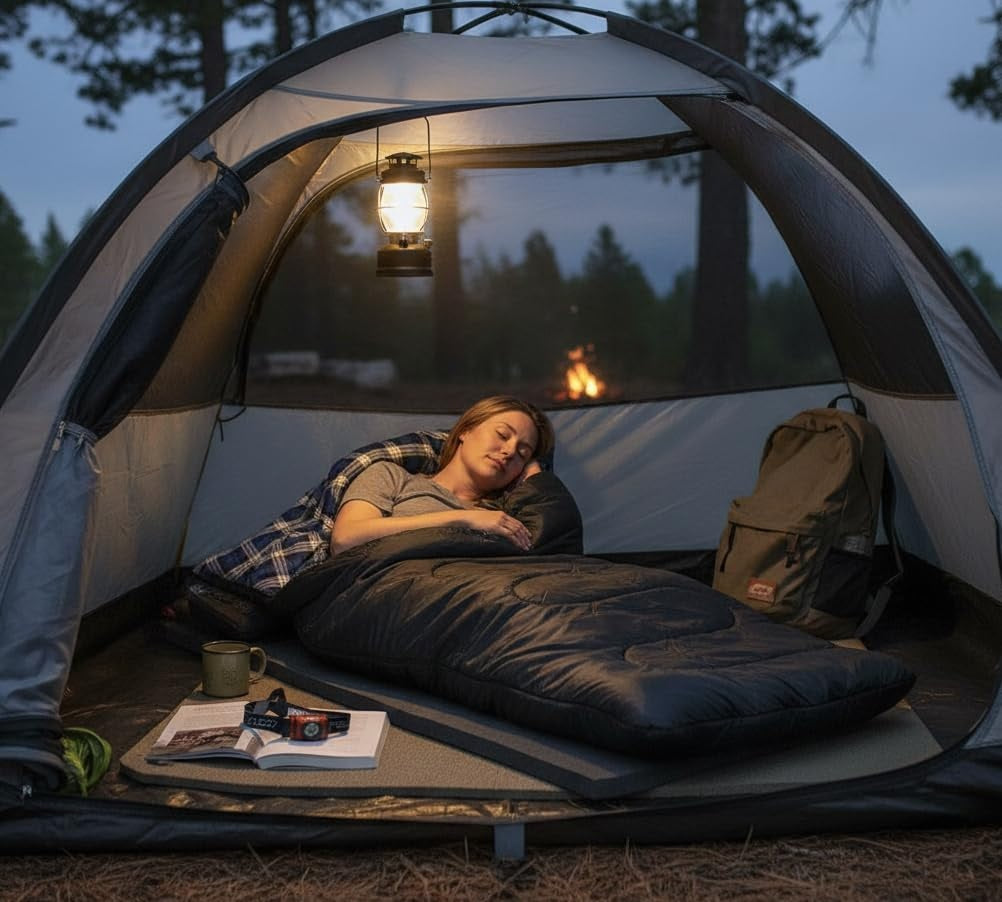 Person lying inside a tent with a campfire outside, surrounded by camping gear.