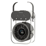 Portable fan with digital display and control panel on a white background