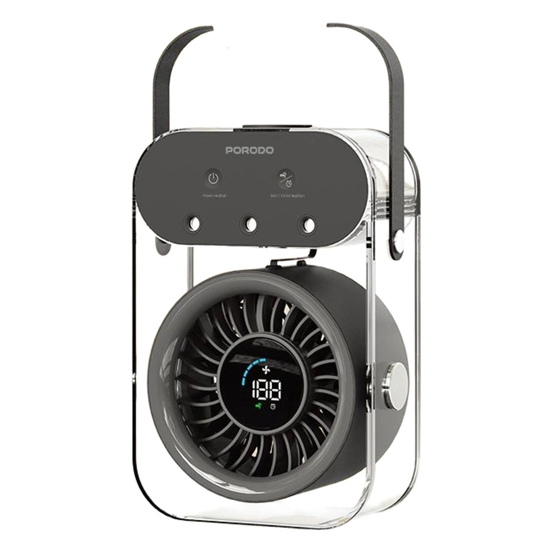 Portable fan with digital display and control panel on a white background