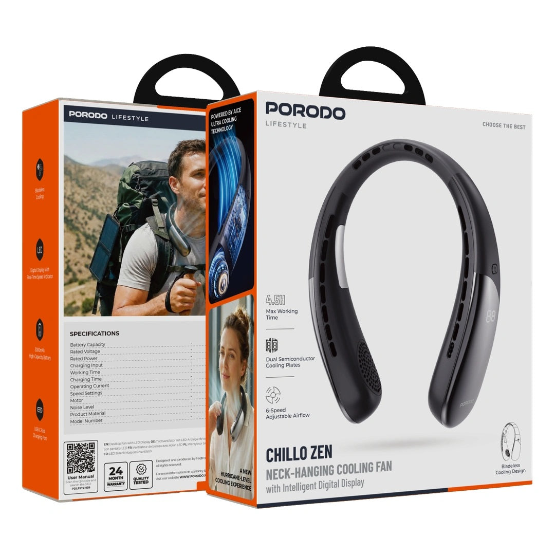 Porodo Chillo Zen neck-hanging cooling fan packaging on a white background