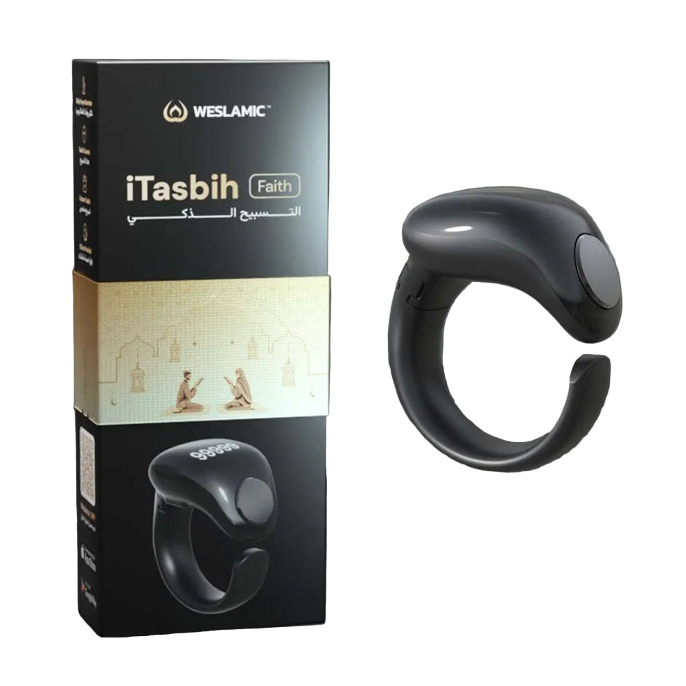 Weslamic iTasbih Salam+ black smart digital tasbih ring showing the OLED display counter."