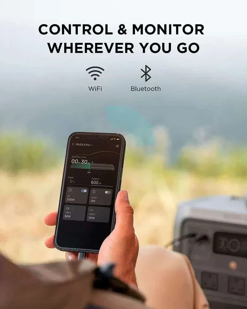 Person holding a smartphone with app interface, outdoors with 'Control & Monitor Wherever You Go' text and icons.