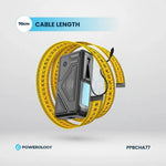 Measuring tape with yellow band and black casing on a gray background, featuring Powerology branding.