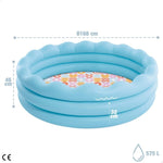 Inflatable children's pool with floral design and measurements on a white background