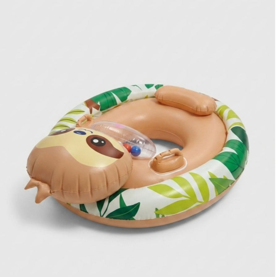 Inflatable baby seat with sloth design on a white background