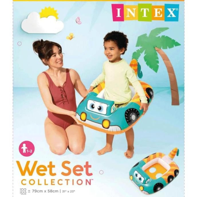 Intex inflatable swim ring with cartoon car design on a beach-themed background