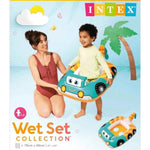 Intex inflatable swim ring with cartoon car design on a beach-themed background