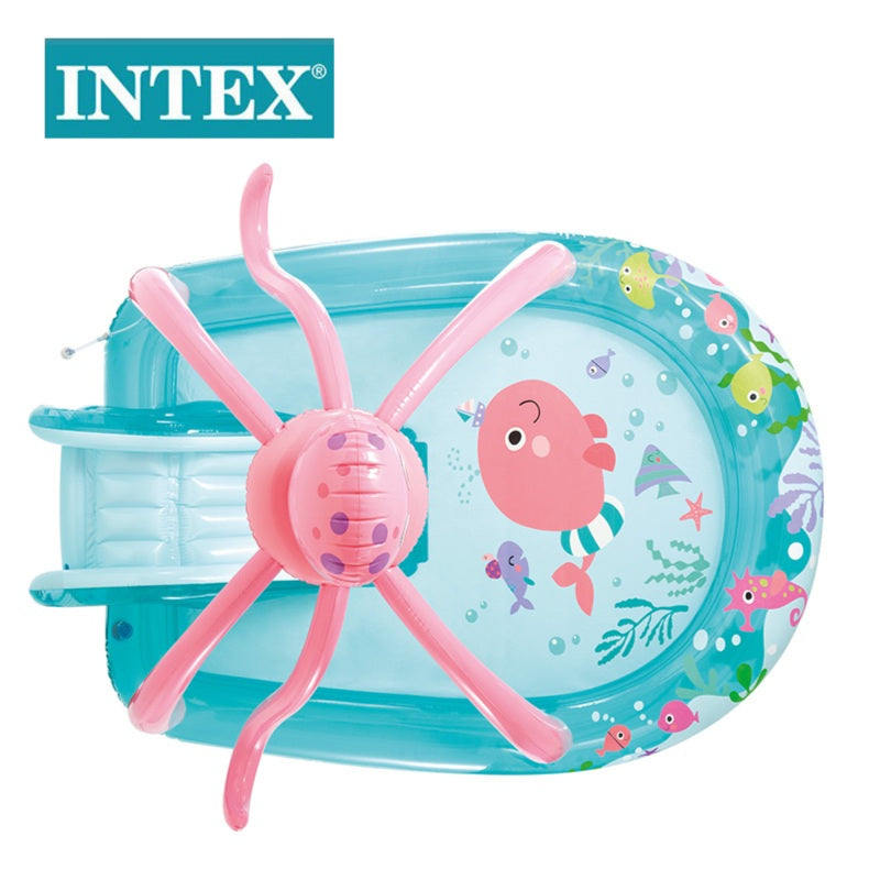 Intex inflatable pool with pink spider-like toy on a white background