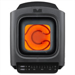 Black electronic device with glowing orange interior on a white background