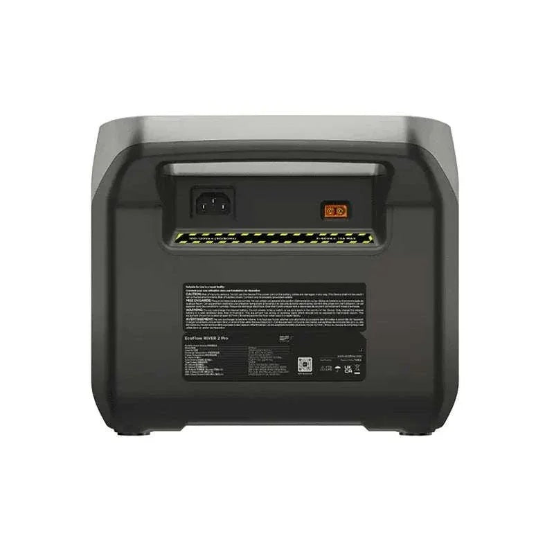 Back view of a black electronic device with connectors and labels on a white background