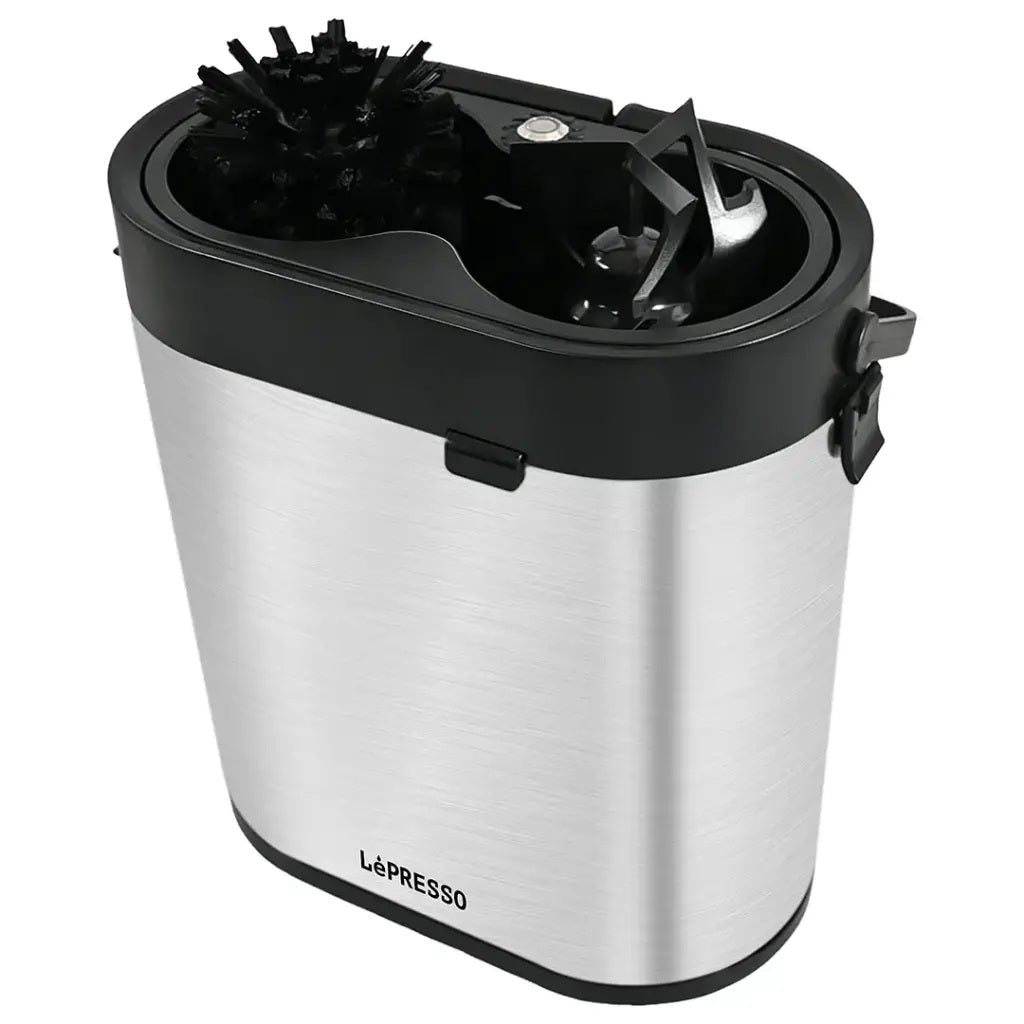 Le'Presso coffee grinder with black top and silver body on a white background