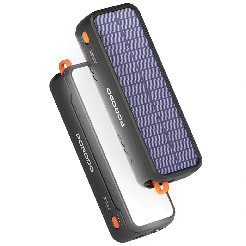 Solar-powered portable charger with solar panel and visible brand logo on a white background