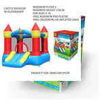 Inflatable castle bouncer with slide and hoop, displayed with packaging on a white background.