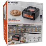 Porodo Lifestyle crisp cook 3-in-1 air fryer, pizza oven packaging with images of food and product.