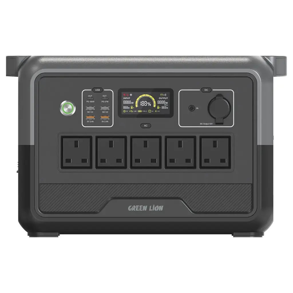 Portable power station with multiple outlets and a display, branded 'Green Lion', on a white background.