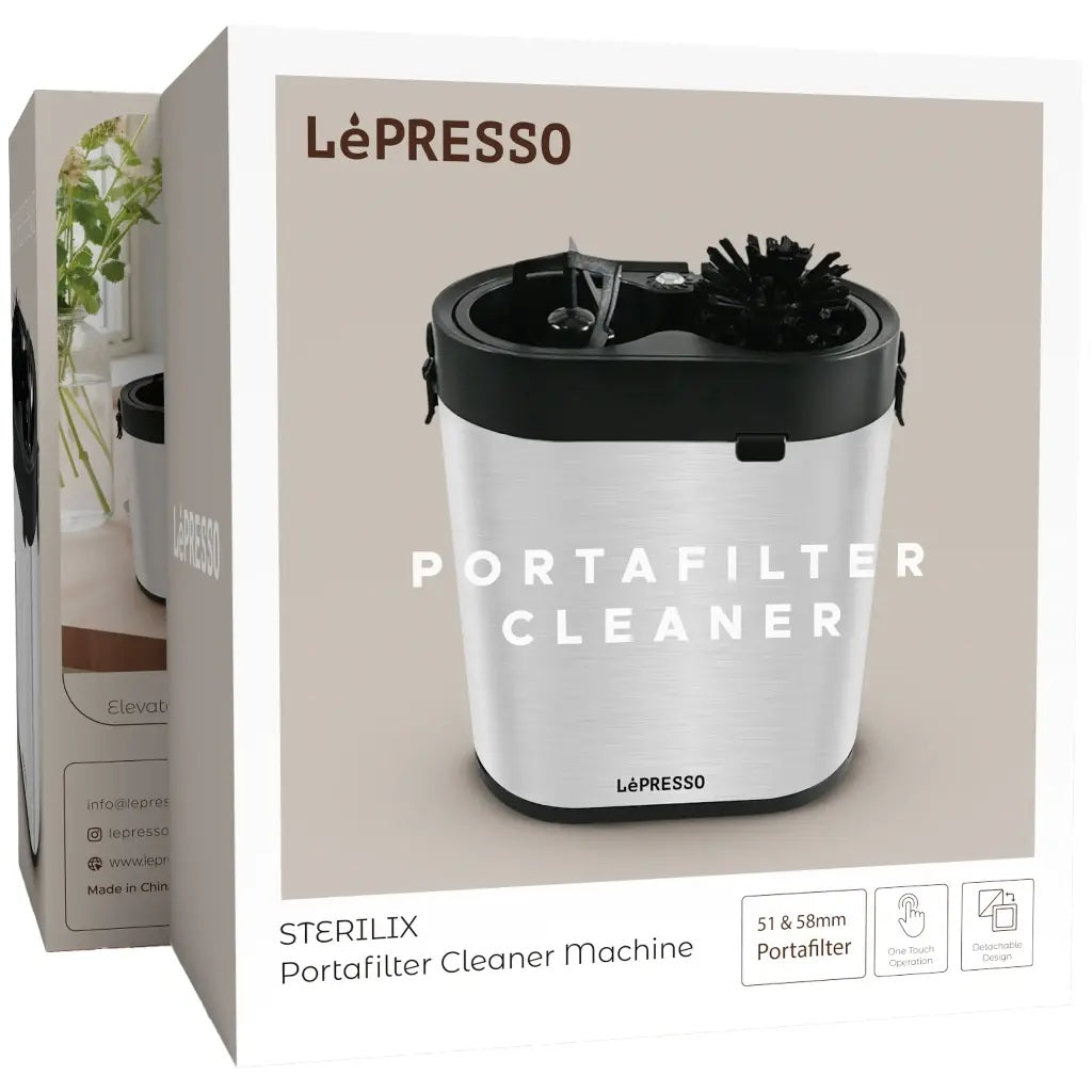 Lépresso Portafilter Cleaner machine with packaging on a white background