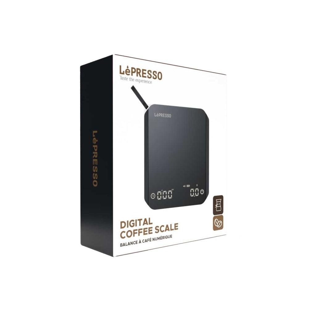 Lépresso digital coffee scale packaging on a white background