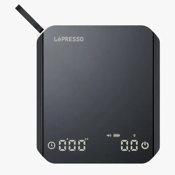 Black electronic device with digital display on a white background, branded 'LePresso'.