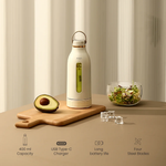 White water bottle with green label on a wooden cutting board with avocado and salad, against a neutral background.