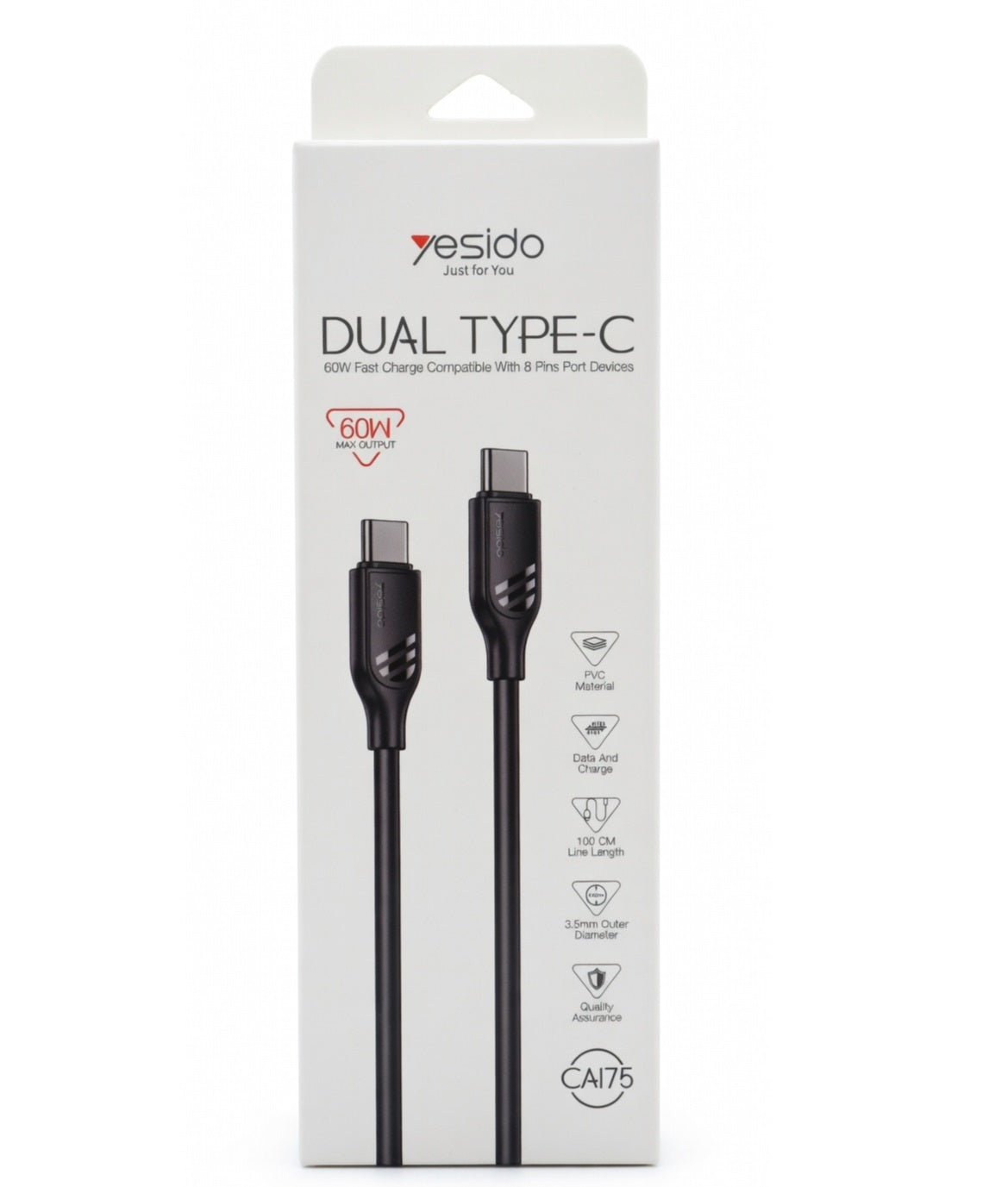 Yesido CA175 60W Fast Charging Type-C to Type-C Cable 1M – Charging & Data Sync