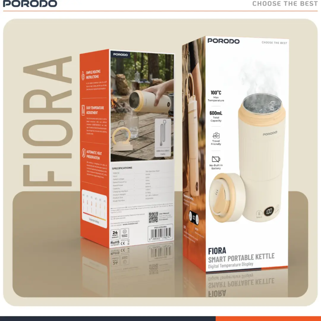 Porodo Flora Smart Portable Kettle with Digital Temperature Display - Beige