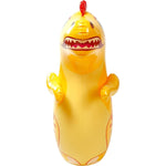 Inflatable shark toy with a chicken head on a white background