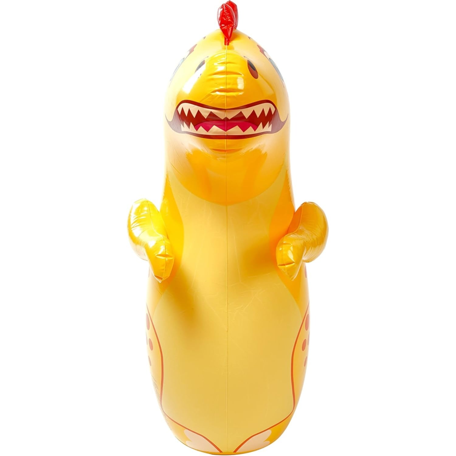 Inflatable shark toy with a chicken head on a white background