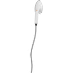White earbud with a silver cable on a white background