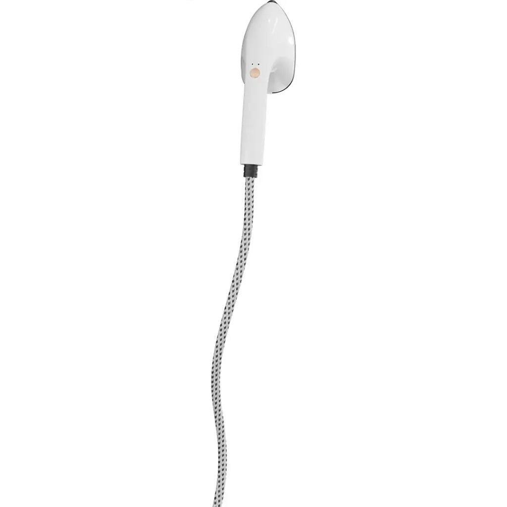 White earbud with a silver cable on a white background