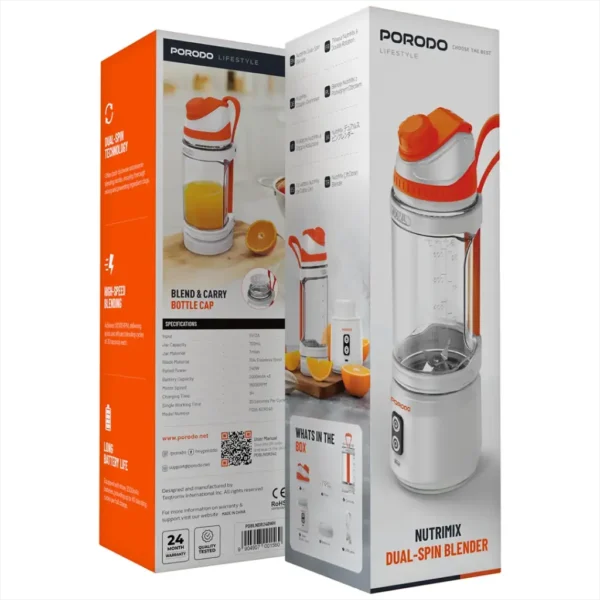 Porodo Nutrimix Dual-Spin Blender packaging with orange and white design.