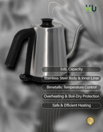 HU Gooseneck Electric Kettle 0.8L Stainless Steel Pour-Over Kettle – HKI-1007