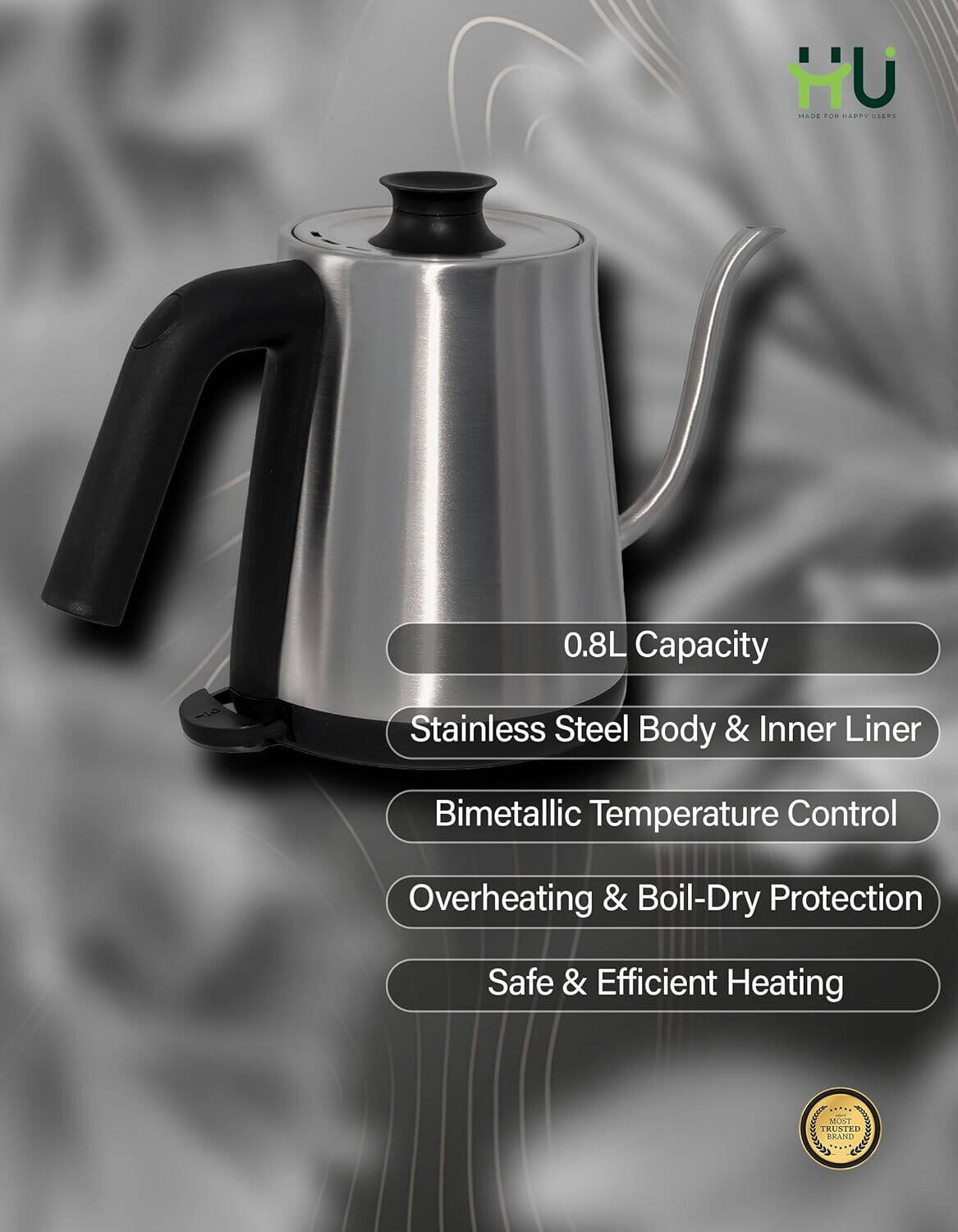 HU Gooseneck Electric Kettle 0.8L Stainless Steel Pour-Over Kettle – HKI-1007