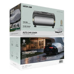 Green Lion brand retail packaging box for an auto car cover, shown from the front and side against a plain white background. The box features product imagery of a car covered in a gray cover and product specifications.