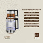 Turkish tea glass kettle with features listed on a beige background