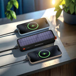 Two smartphones charging from a solar power bank on a table with plants in the background